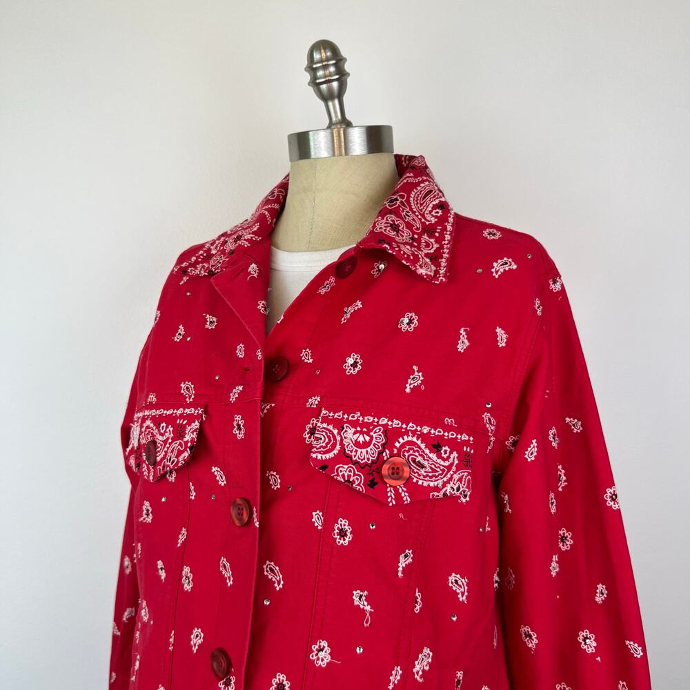 The Quacker Factory Paisley Western Jacket Red Beaded Bedazzled Bandana (Sz S) - Picture 14 of 16